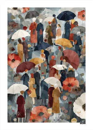 Plakat Rainy Gathering - kolorowy tłum z parasolami wśród kwiatów