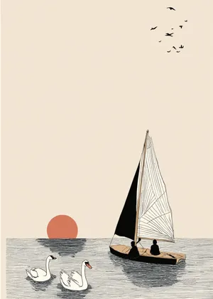 Plakat Swan Evening - minimalistyczny plakat z łabędziami, żaglówką i zachodem słońca