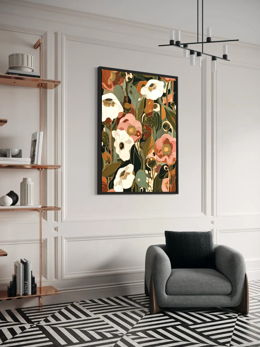 Plakat Autumn Reverie - duże białe i różowe kwiaty, oliwkowe liście, jesienne barwy - obrazek 2