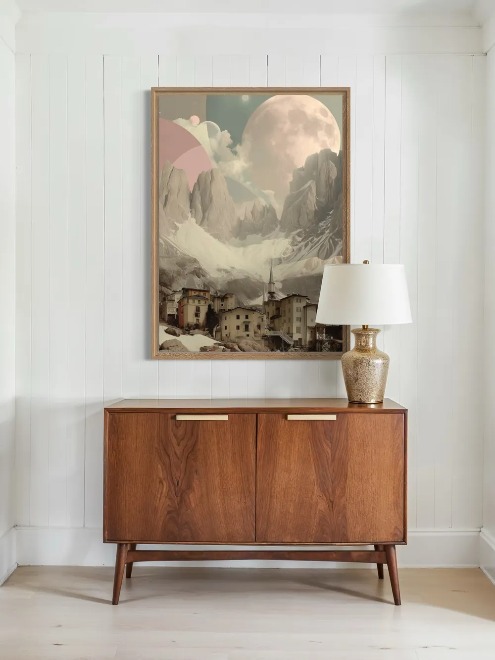 Plakat Celestial Hamlet - plakat surrealistyczny z górską wioską i pastelowymi planetami - obrazek 3