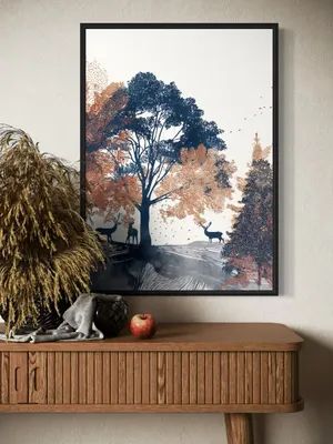 Plakat Antler Grove - jelenie pod drzewem w jesiennym lesie akwarelowym - obrazek 2