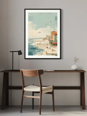 Plakat Azure Coast - plaża, pastelowe domy i błękitne niebo w impresjonistycznym stylu - obrazek 2