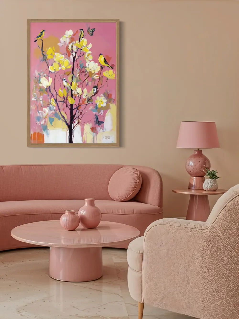 Plakat Pink Floral Birds - ptaki na drzewie malowane różowym tle, żółte kwiaty dodają życia - obrazek 3