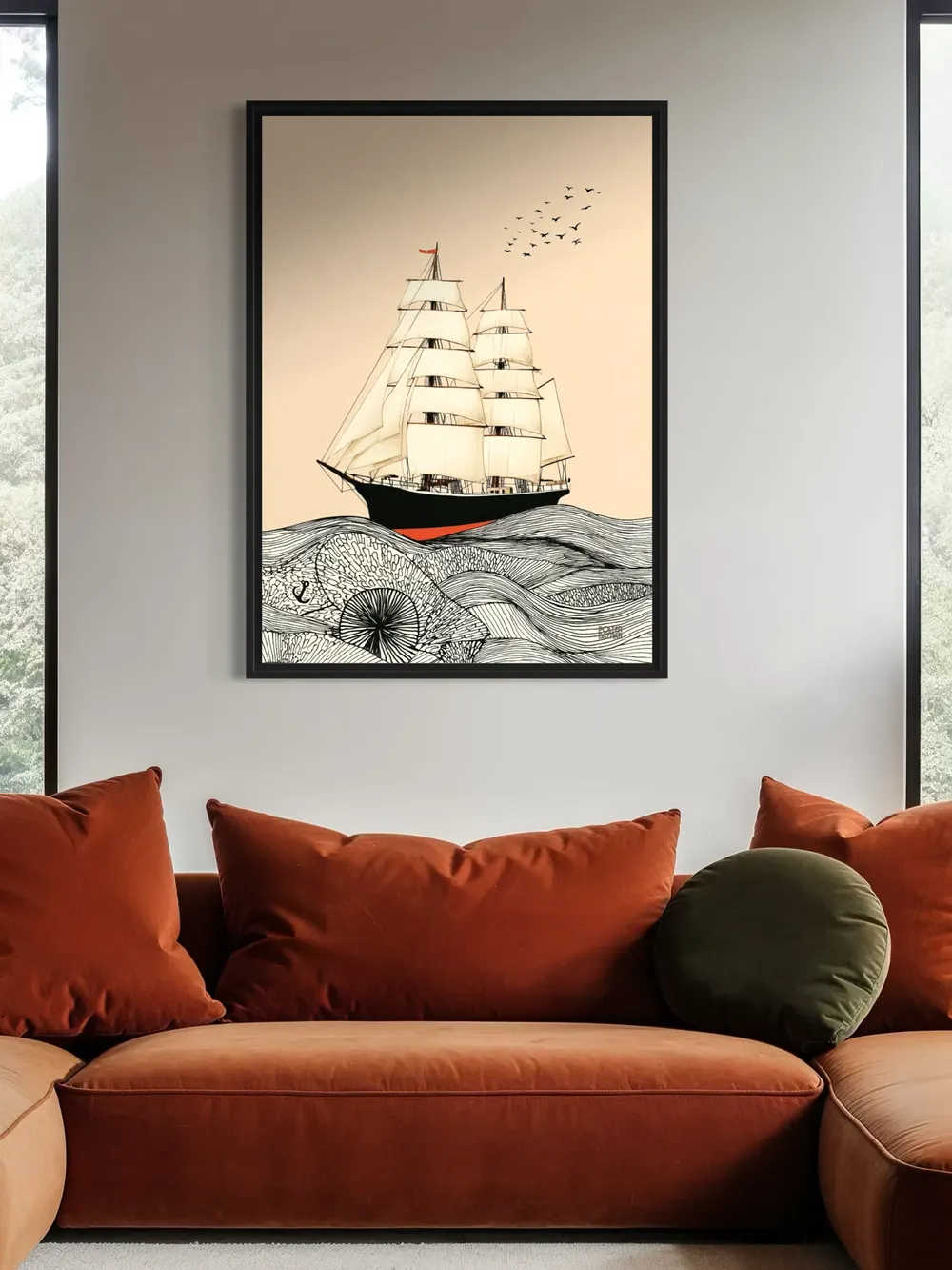 Plakat Crimson Voyage - majestatyczny żaglowiec z czerwonym kadłubem na wzorzystych falach - obrazek 3