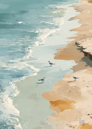 Plakat Seagull Coast - plaża z mewami w turkusie i beżu