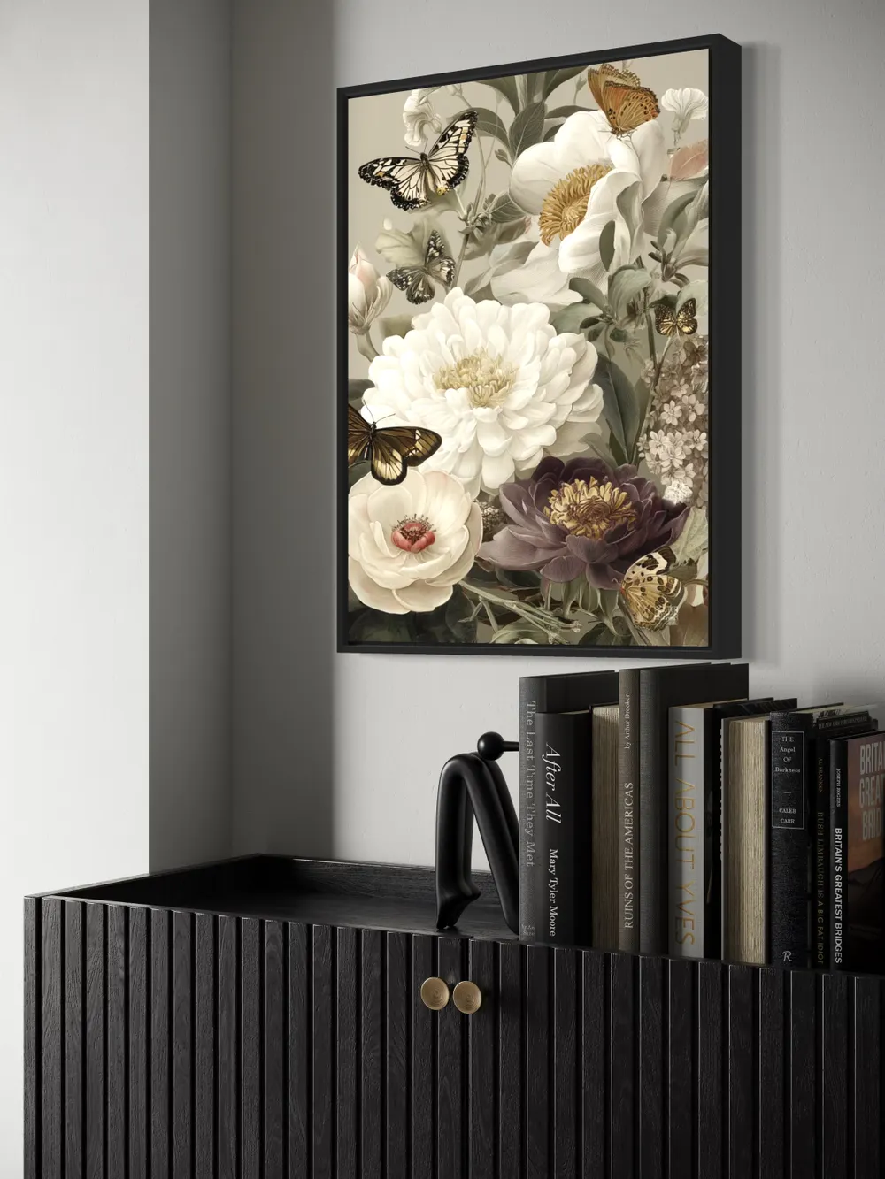 Plakat Butterfly Reverence - kremowe i bordowe kwiaty z motylami, botaniczny styl - obrazek 3