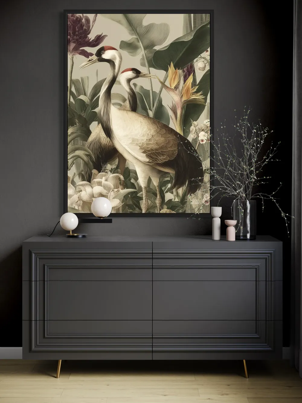 Plakat Crane Gardenia - dwa żurawie wśród egzotycznych liści i kwiatów, styl vintage - obrazek 3