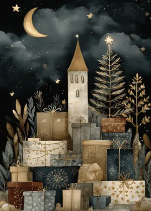 Plakat Starry Giftland - magiczna wieża z prezentami pod gwiazdami, bajkowy klimat