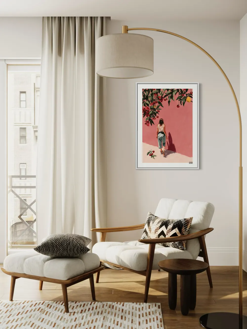 Plakat Cherry Walk - dziewczyna idzie w stronę różowej ściany z czereśniami - obrazek 3