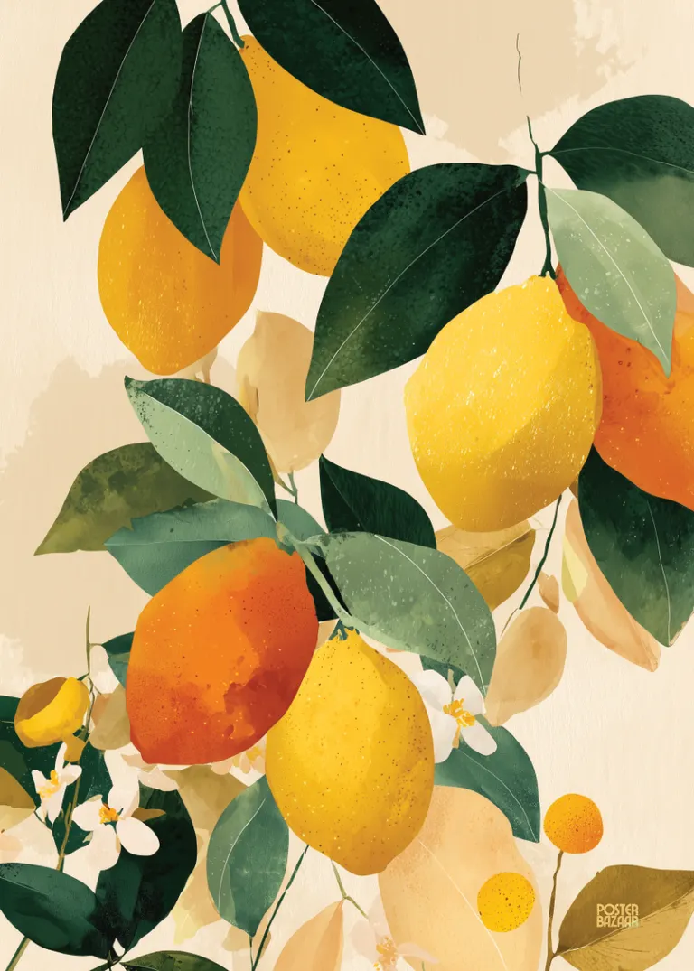 Lemon Garden — soczyste cytryny i zielone liście w akwarelowym stylu