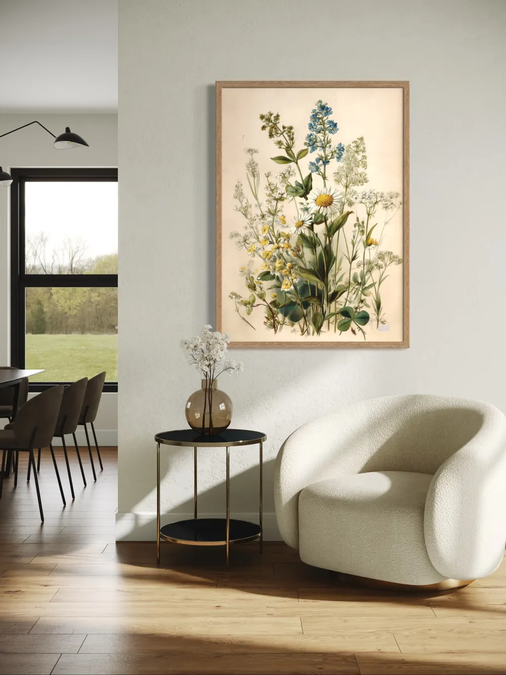 Plakat Wildflower Bouquet - piękny bukiet polnych kwiatów w botanicznym stylu, pełen zieleni, błękitu i bieli, na beżowym tle - obrazek 3