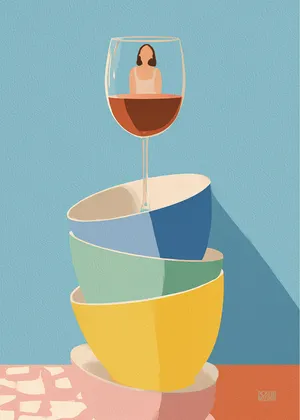 Plakat Wine Reflection - kieliszek czerwonego wina z tajemniczą sylwetką kobiety