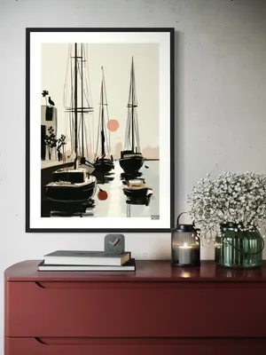 Plakat Harbor Still - spokojna marina z jachtami, różowe słońce, szkicowy styl - obrazek 3