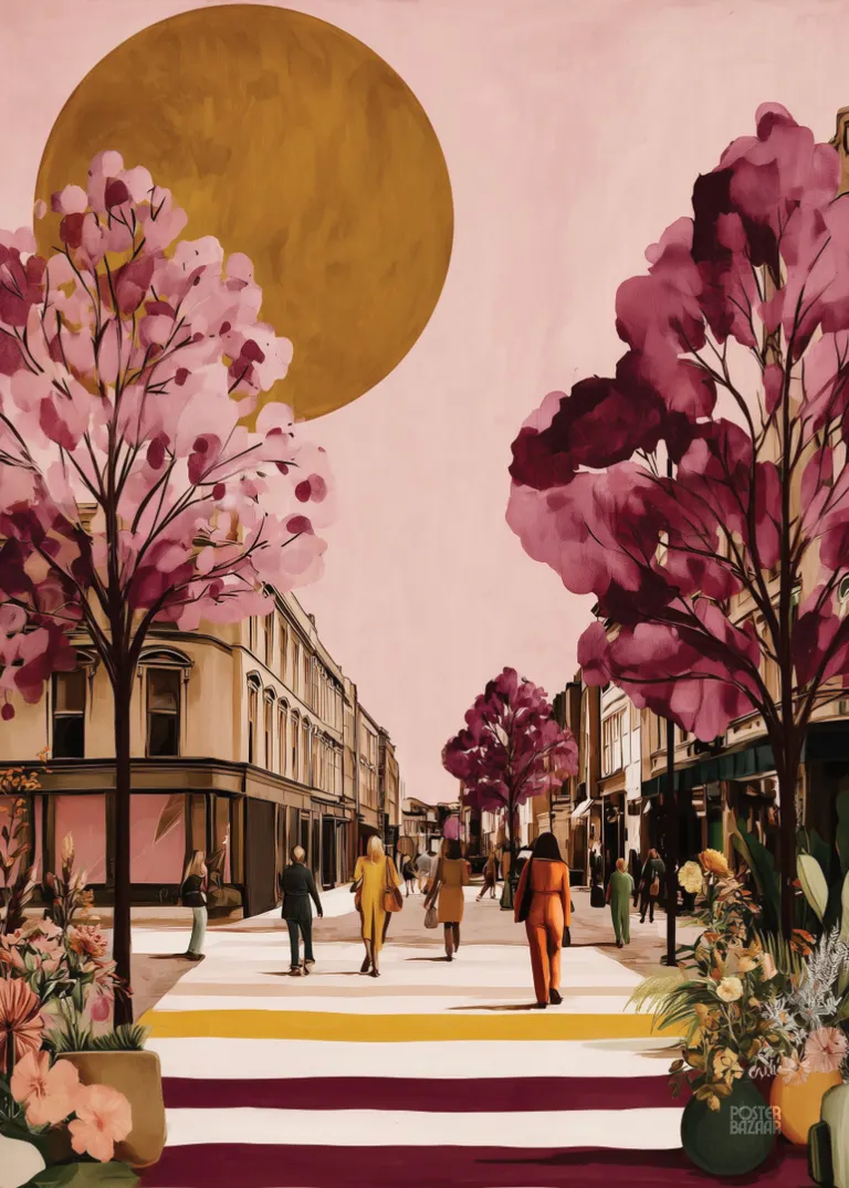 City Blossom — kwitnąca ulica z ludźmi, złote słońce i drzewa w odcieniach różu, beżu i zieleni