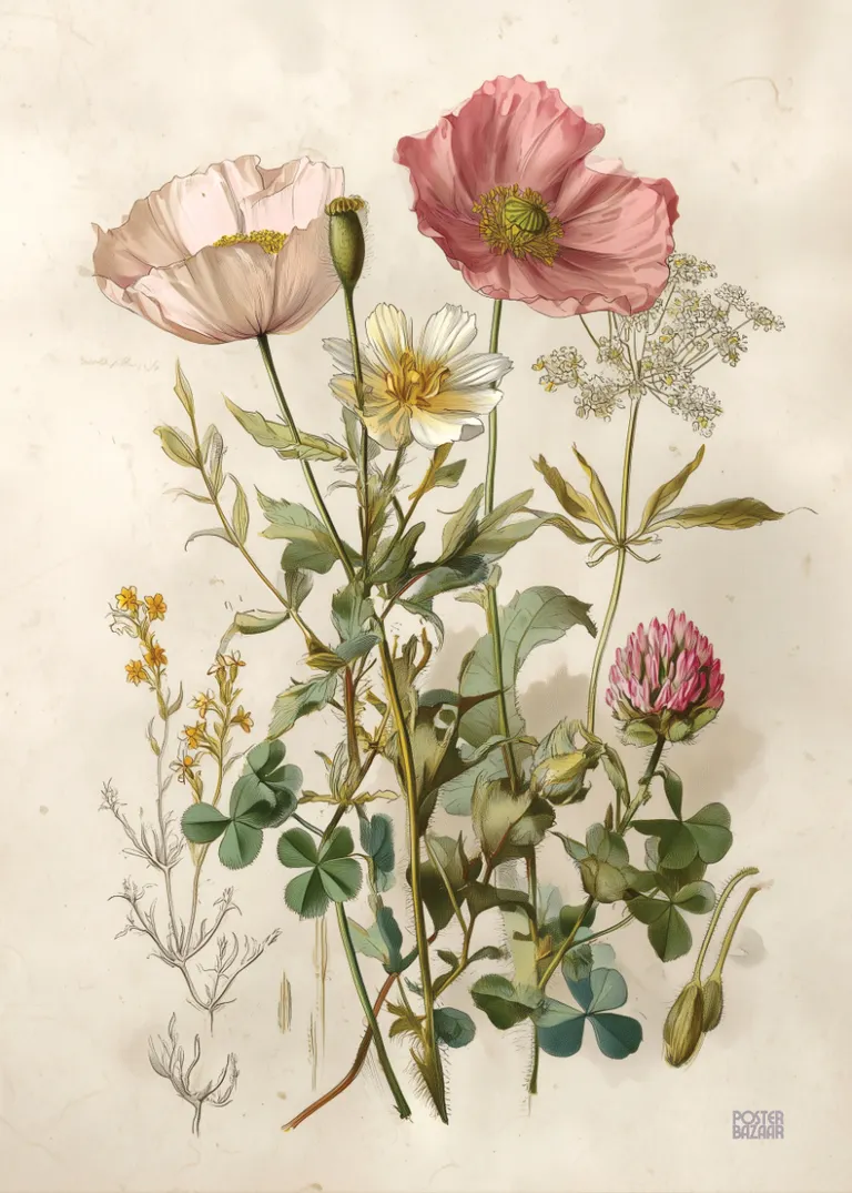 Wild Bloom Study — delikatne polne kwiaty w botanicznym stylu, z różowymi makami i zielonymi liśćmi, beżowe tło