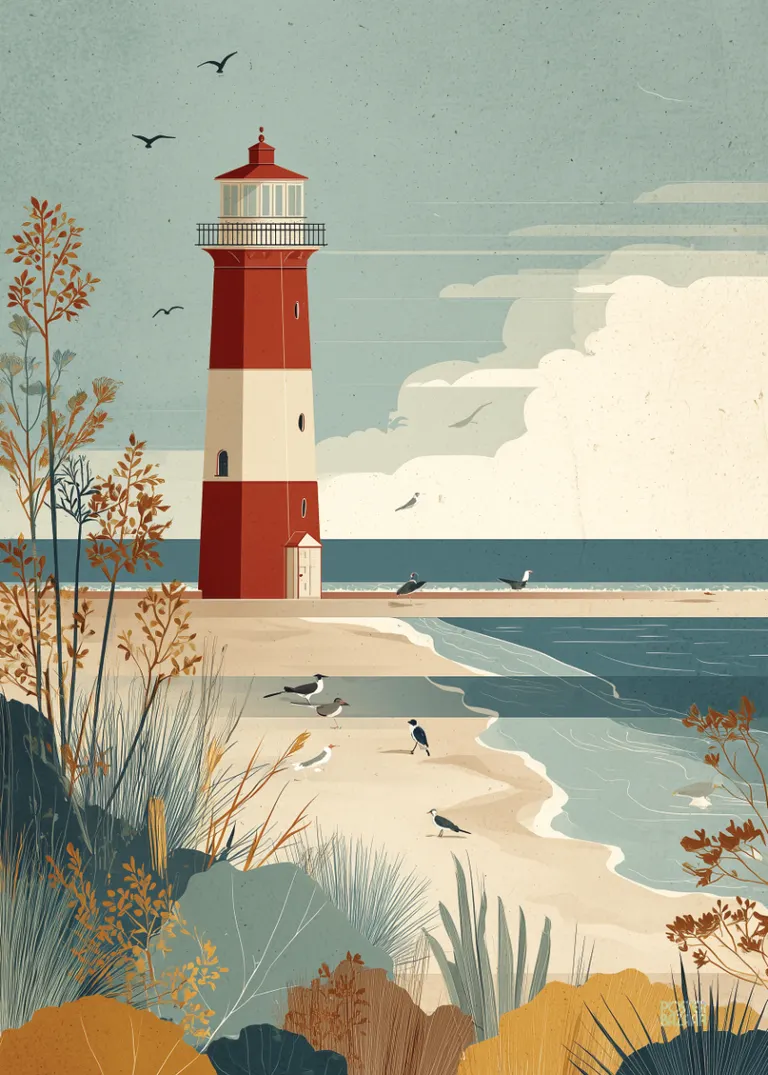 Coastal Lighthouse — plakat z latarnią morską w pastelowych kolorach