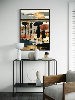 Plakat Golden Sunset - kobiety z parasolkami na plaży o zachodzie słońca - obrazek 2