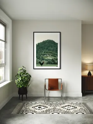 Plakat Rooster Valley - czarny kogut na tle zielonej doliny z domkami - obrazek 3