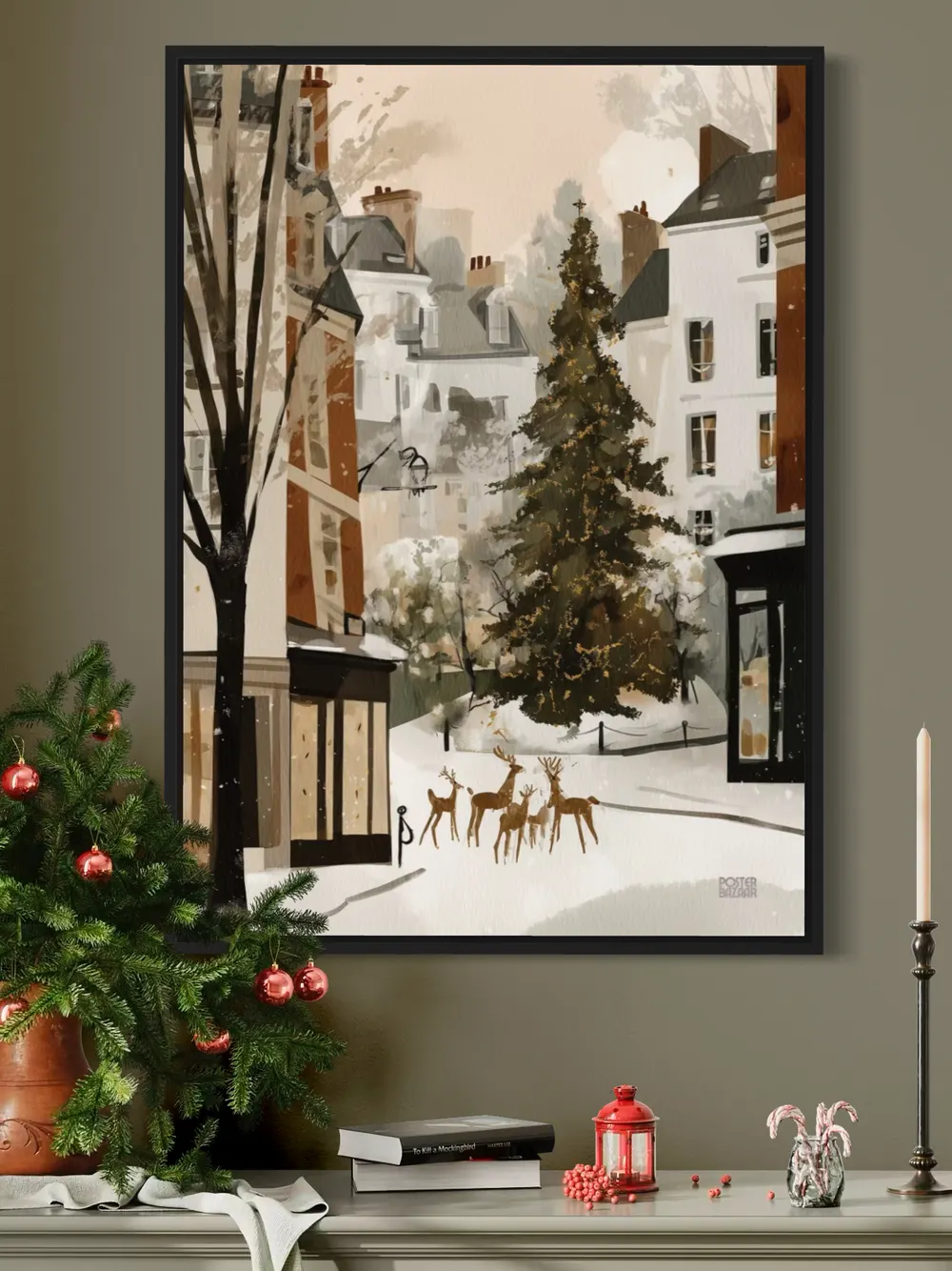 Plakat Reindeer Square - zimowa choinka z reniferami i złotymi światełkami - obrazek 3