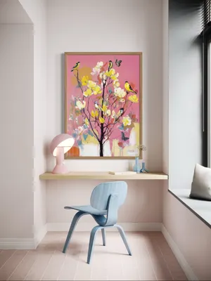 Plakat Pink Floral Birds - ptaki na drzewie malowane różowym tle, żółte kwiaty dodają życia - obrazek 2