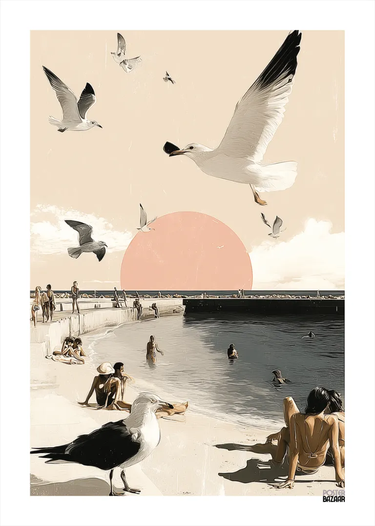 Seagull Sunset — plaża z mewami i retro słońcem