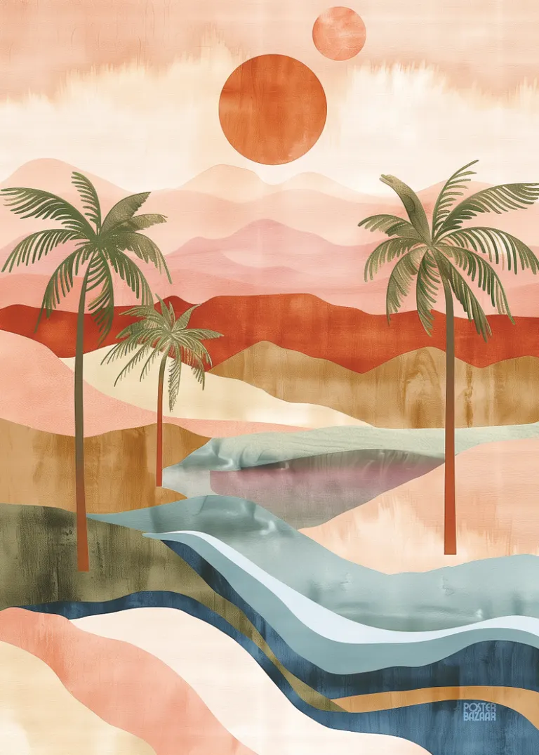 Tropical Mirage — palmy, turkusowa rzeka, pastelowe niebo, surrealistyczny krajobraz