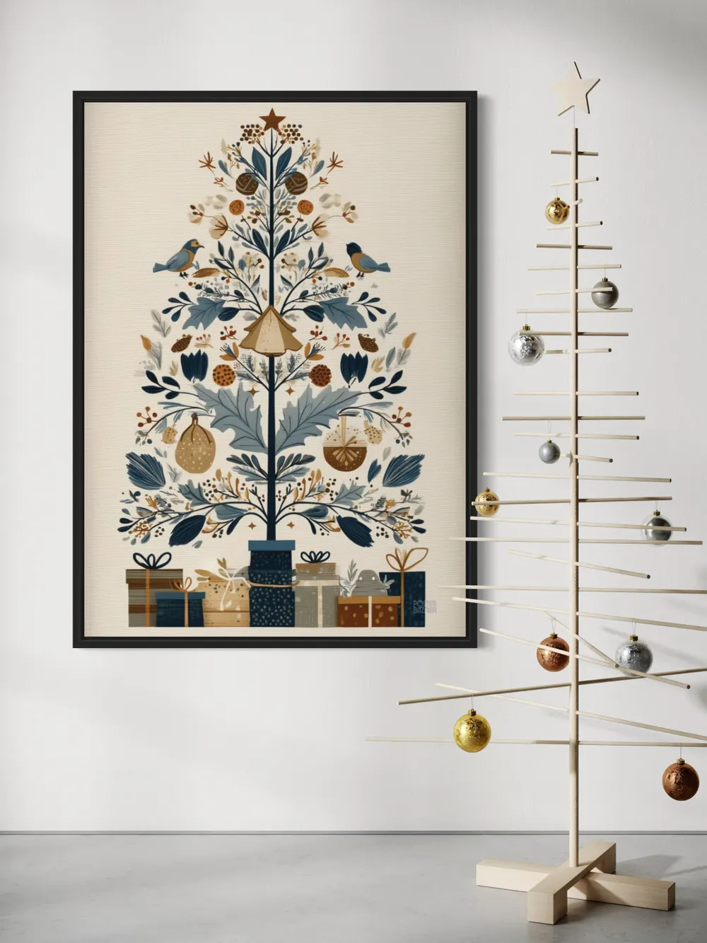 Plakat Nordic Gift Tree - stylizowane drzewko z ptaszkami i prezentami w folkowym stylu - obrazek 3