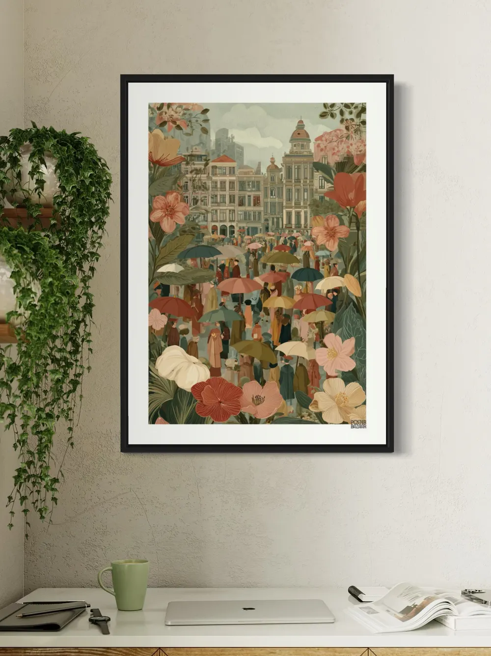 Plakat Floral Cityscape - tłum z parasolami i pastelowe kwiaty w mieście - obrazek 3