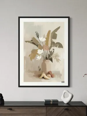 Plakat Tropical Still - jasny wazon z tropikalnymi lisciami i papugami - obrazek 3