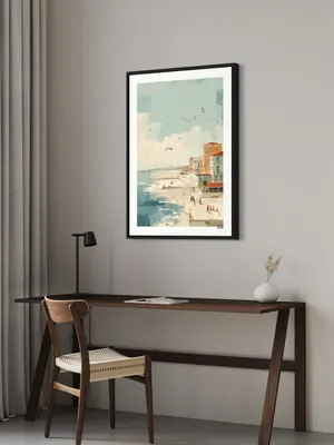 Plakat Azure Coast - plaża, pastelowe domy i błękitne niebo w impresjonistycznym stylu - obrazek 3