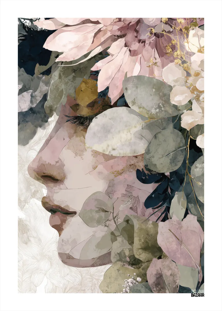 Floral Dream — delikatny portret kobiety w pastelowych kwiatach i liściach