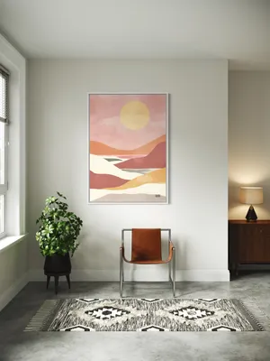 Plakat Sunset Dream - abstrakcyjny krajobraz z słońcem na pastelowych barwach - obrazek 2
