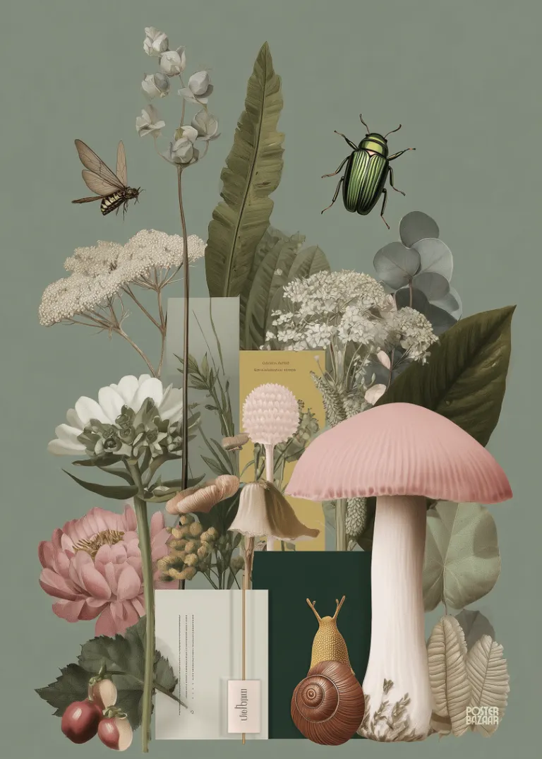 Botanic Encounter — pastelowe rośliny, liście, kwiaty, grzyby i owady
