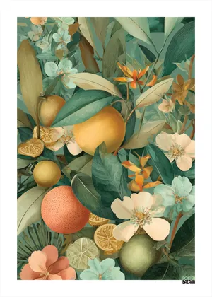 Plakat Tropical Citrus - plakat z soczystymi owocami tropikalnymi i pastelowymi kwiatami