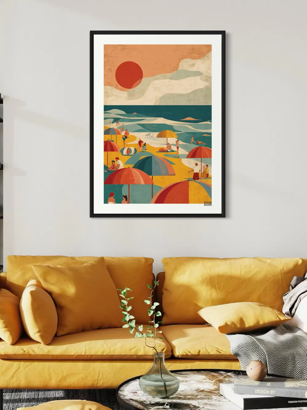 Plakat Summer Beach - plaża z kolorowymi parasolami i czerwonym słońcem w stylu retro - obrazek 2