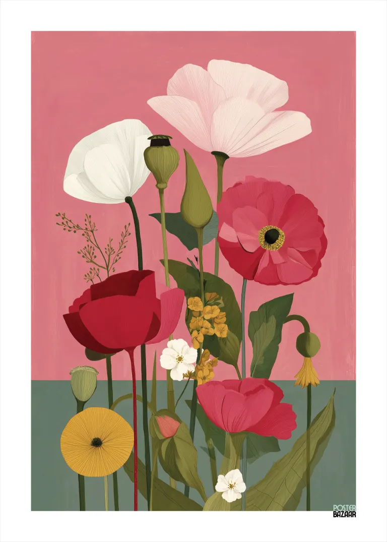 Blooming Garden — kolorowe kwiaty na różowym niebie