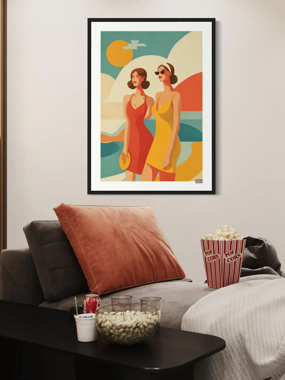 Plakat Summer Vibes - dwie kobiety w letnich sukienkach, abstrakcyjny krajobraz, retro kolory - obrazek 3