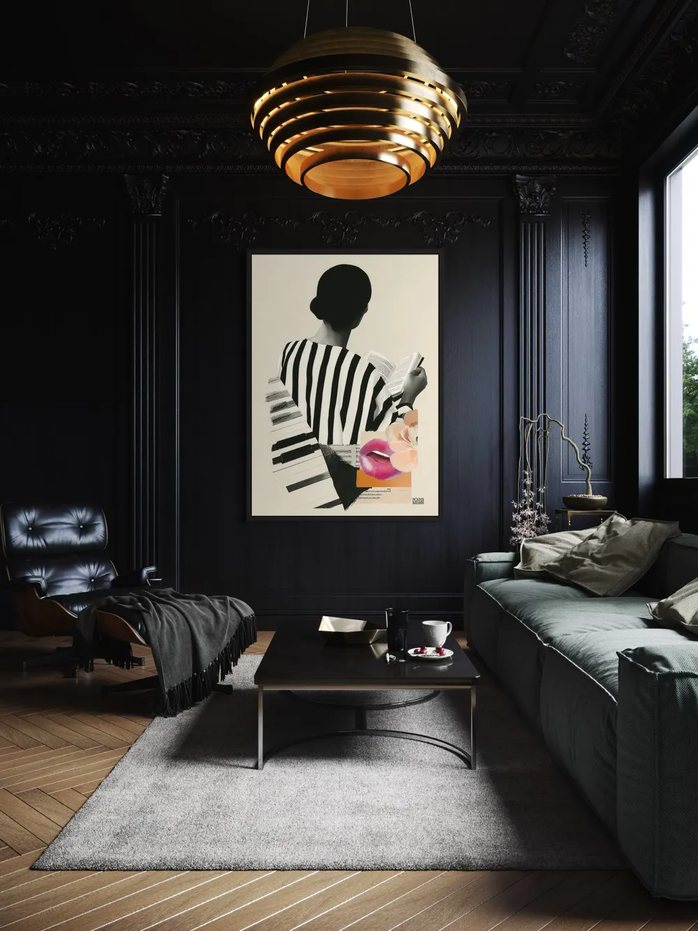 Plakat Monochrome Melody - kobieta czytająca książkę z artystycznym kolażem - obrazek 3