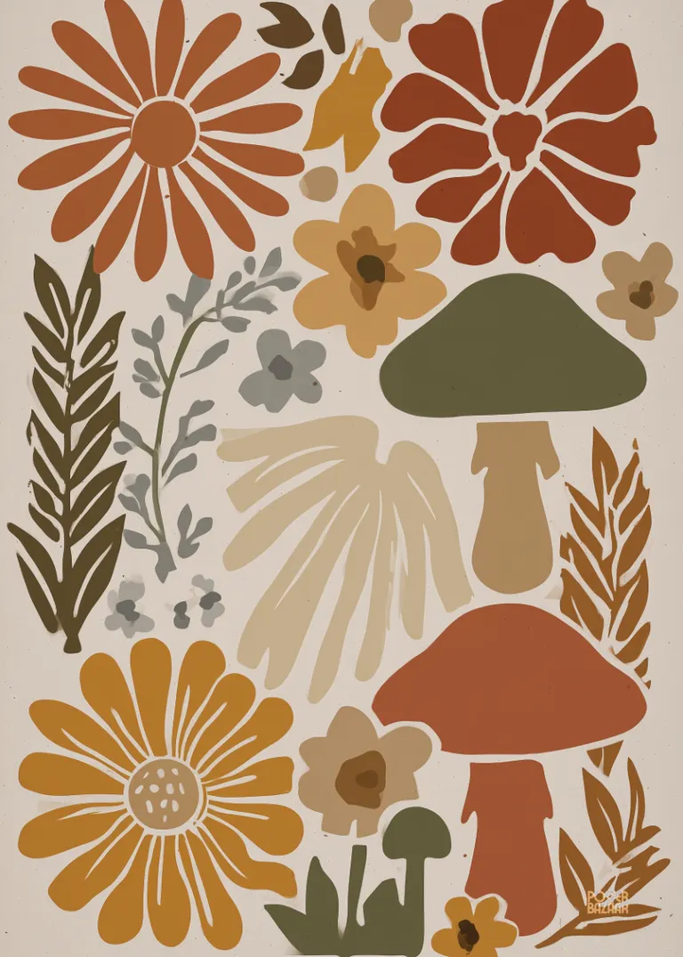 Mushroom Meadow — stylizowane kwiaty i grzyby w ciepłych, ziemistych barwach