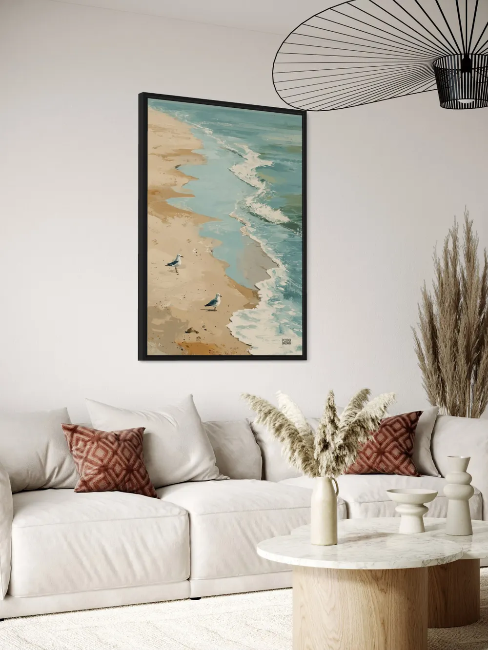 Plakat Seaside Calm - spokojna plaża z mewami w pastelowych odcieniach - obrazek 3