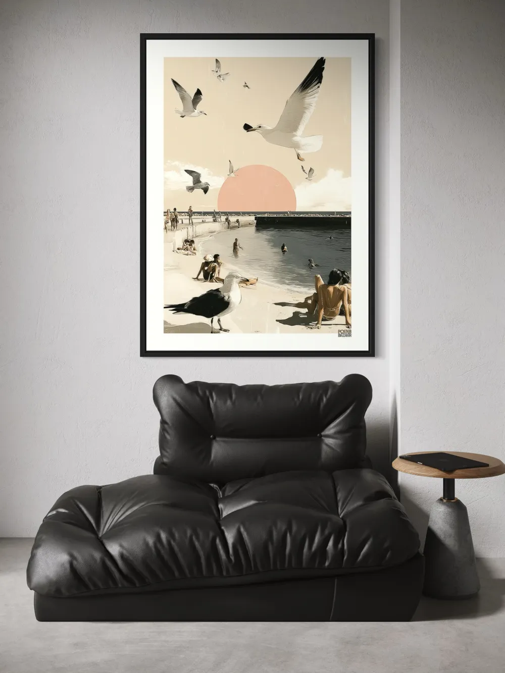 Plakat Seagull Sunset - plaża z mewami i retro słońcem - obrazek 2
