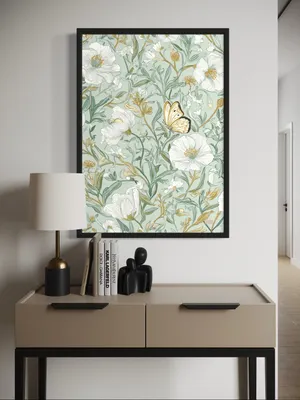 Plakat Mint Petals - delikatne biale kwiaty zielone liscie motyl - obrazek 3
