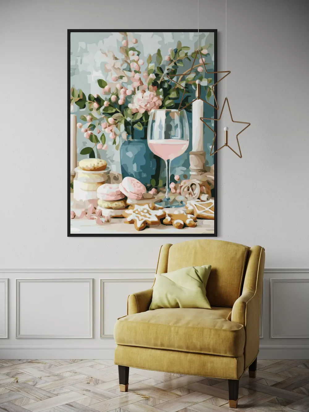 Plakat Pastel Treats - elegancka kompozycja wina, ciasteczek i kwiatów - obrazek 2