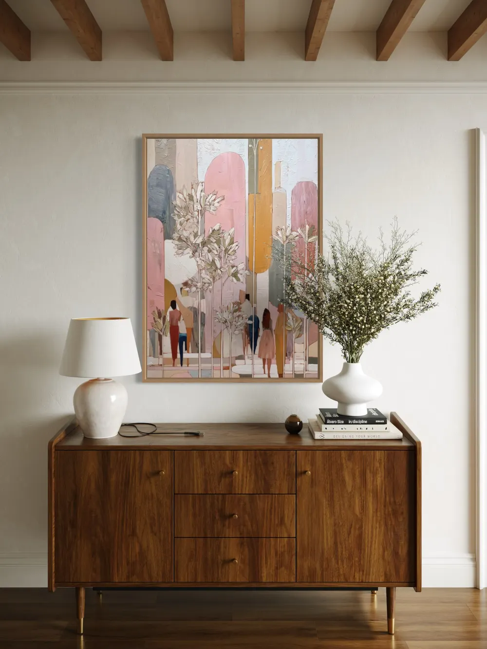 Plakat Pastel Promenade - ludzie spacerujący w abstrakcyjnej, pastelowej scenerii miasta, z delikatnymi różami i beżami - obrazek 3