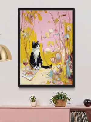 Plakat Cat's Garden Wine - czarno-biały kot z winem wśród różowo-żółtych roślin, abstrakcyjny malarski styl - obrazek 2