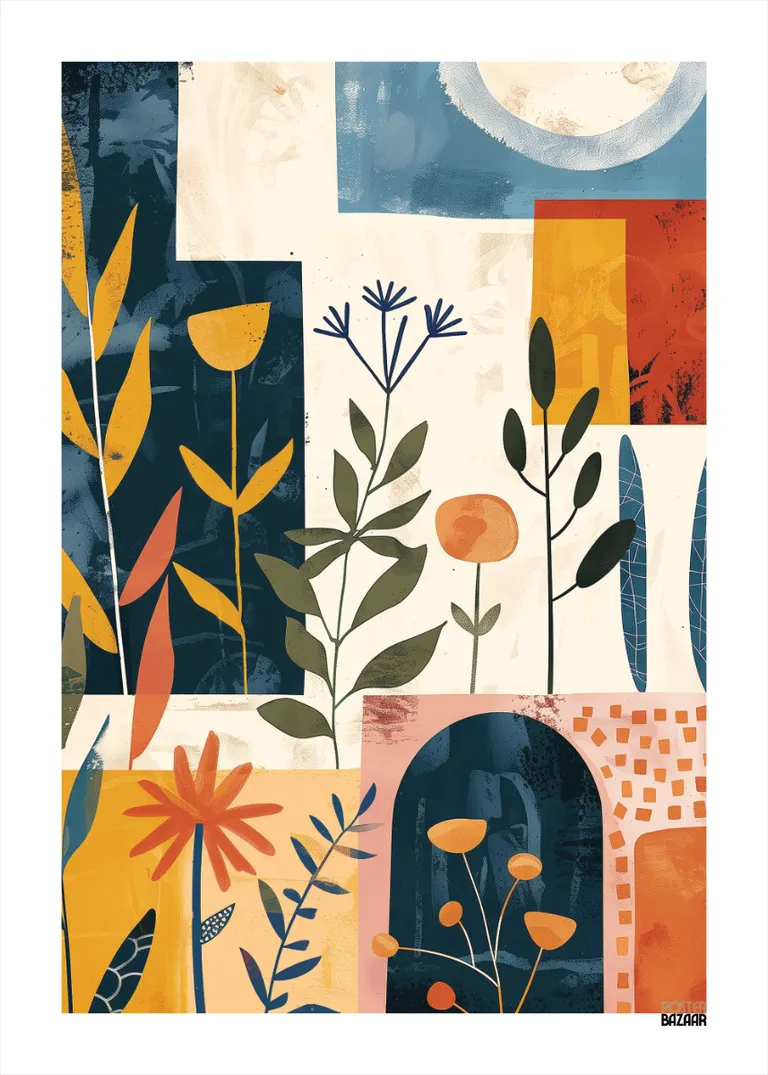 Retro Botanical — kolorowa abstrakcyjna grafika kwiatowa i liściasta