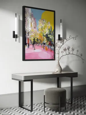Plakat Blossom Citywalk - tętniąca życiem ulica miejska malowana w ekspresyjnym stylu, pełna różu, żółci i błękitu - obrazek 3