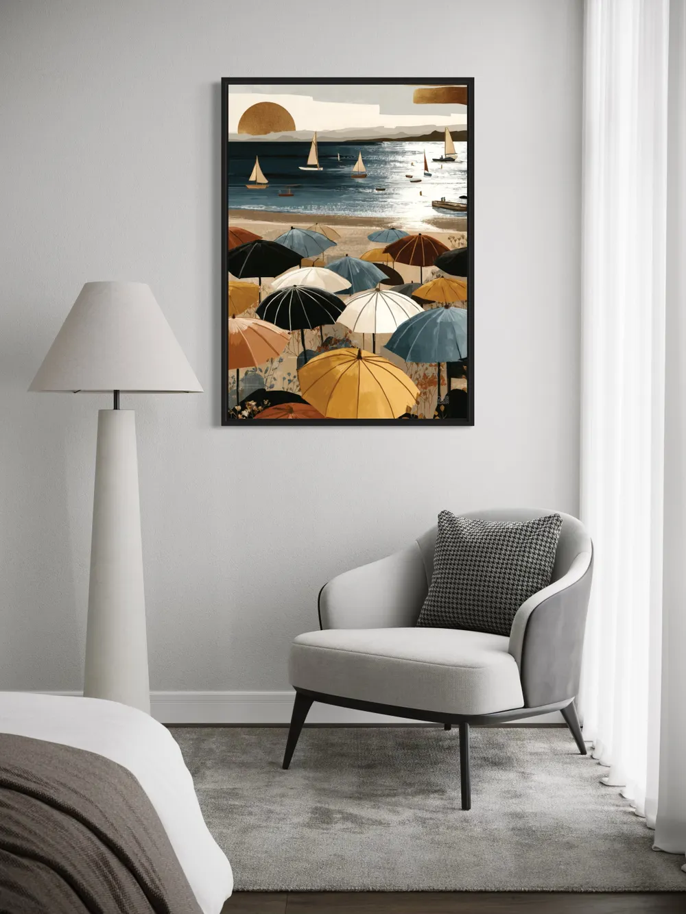 Plakat Sailboat Beach - plażowe parasole i żaglówki w letnim klimacie - obrazek 3
