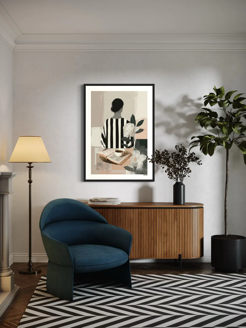 Plakat Striped Pause - kobieta wśród kwiatów i spokojnych barw - obrazek 3