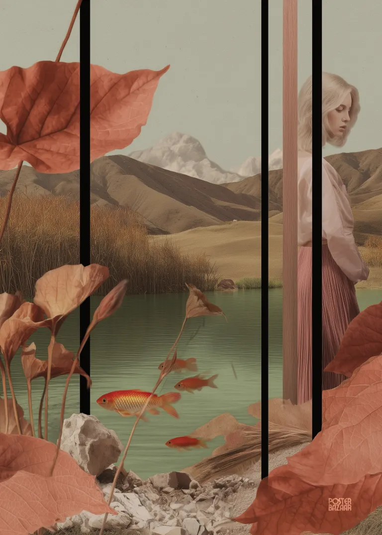 Verdant Silence — czerwone lisci i zlotem rybki w zielonej wodzie